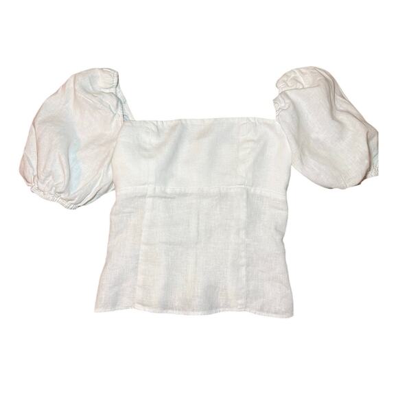 Reformation Aracini White Linen Puff Sleeve Smocked Zipper Back Top Size 6 - Picture 3 of 12